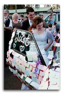 Getting in the decorated car